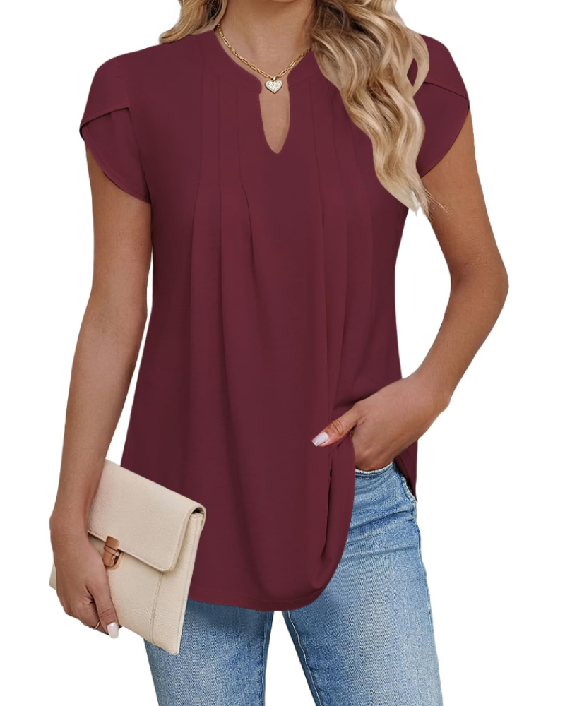 Pleated Blouse Womens V-Neck Petal Sleeve Loose Fit Curved Hem - image 8