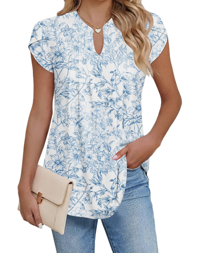 Pleated Blouse Womens V-Neck Petal Sleeve Loose Fit Curved Hem - image 2