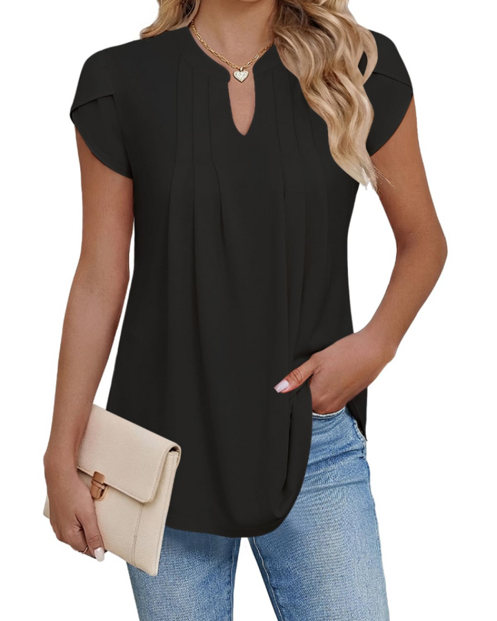 Pleated Blouse Womens V-Neck Petal Sleeve Loose Fit Curved Hem - image 10