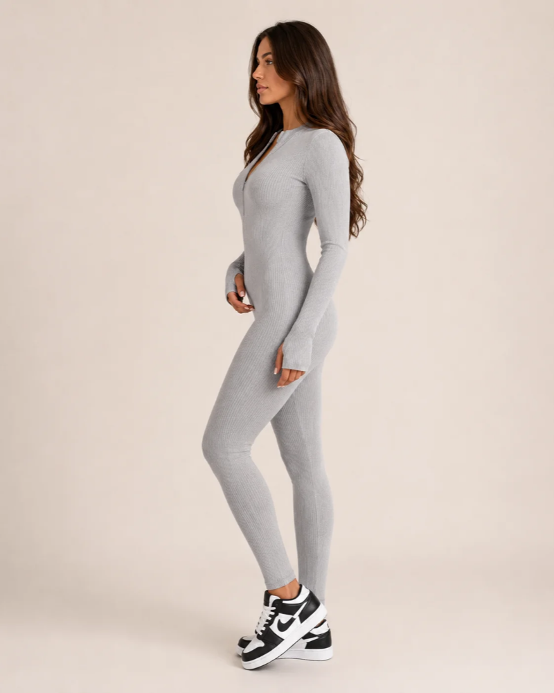 Ribbed Jumpsuit Womens Long Sleeve Half Zip Stretch Bodycon Thumbhole Cuffs Activewear - image 7