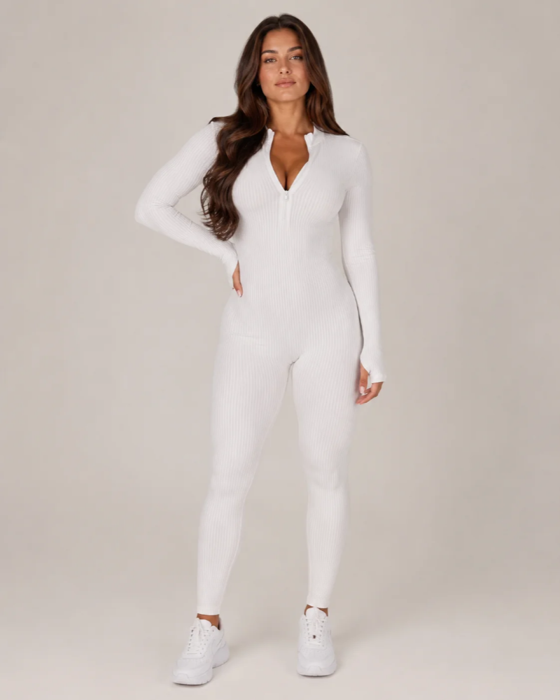 Ribbed Jumpsuit Womens Long Sleeve Half Zip Stretch Bodycon Thumbhole Cuffs Activewear - image 9