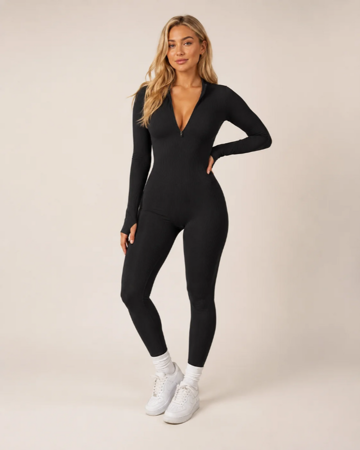 Ribbed Jumpsuit Womens Long Sleeve Half Zip Stretch Bodycon Thumbhole Cuffs Activewear - image 12