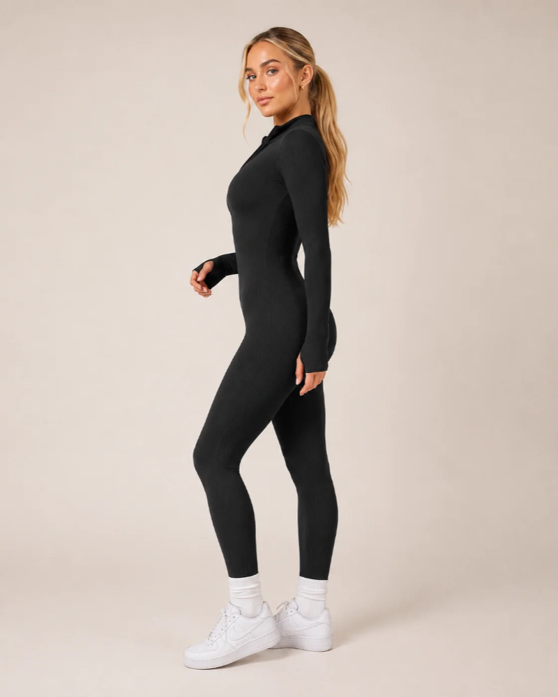 Ribbed Jumpsuit Womens Long Sleeve Half Zip Stretch Bodycon Thumbhole Cuffs Activewear - image 13