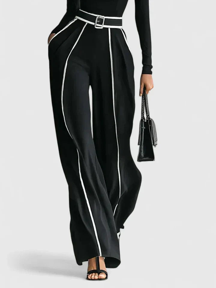 Wide Leg Trouser Set Womens Roll Neck Top Contrast Piping Belted - image 6