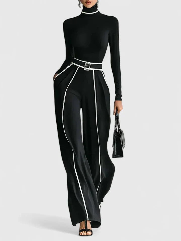 Wide Leg Trouser Set Womens Roll Neck Top Contrast Piping Belted - image 3