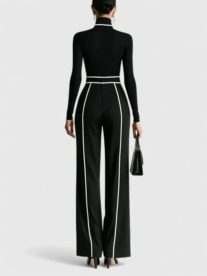 Wide Leg Trouser Set Womens Roll Neck Top Contrast Piping Belted - image 4