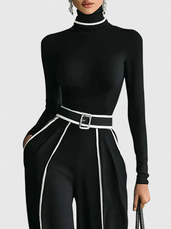 Wide Leg Trouser Set Womens Roll Neck Top Contrast Piping Belted - image 5