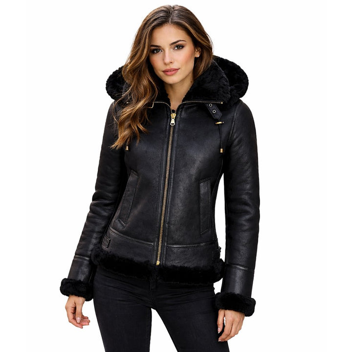 Shearling Jacket Womens Hooded Bomber Leather Zip Front Winter - image 1