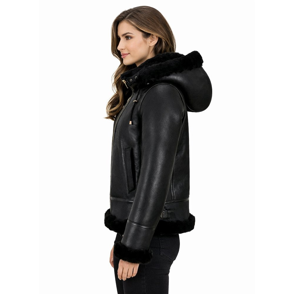 Shearling Jacket Womens Hooded Bomber Leather Zip Front Winter - image 3