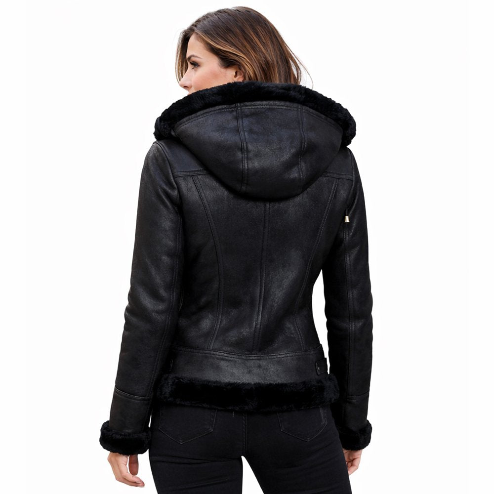Shearling Jacket Womens Hooded Bomber Leather Zip Front Winter - image 2