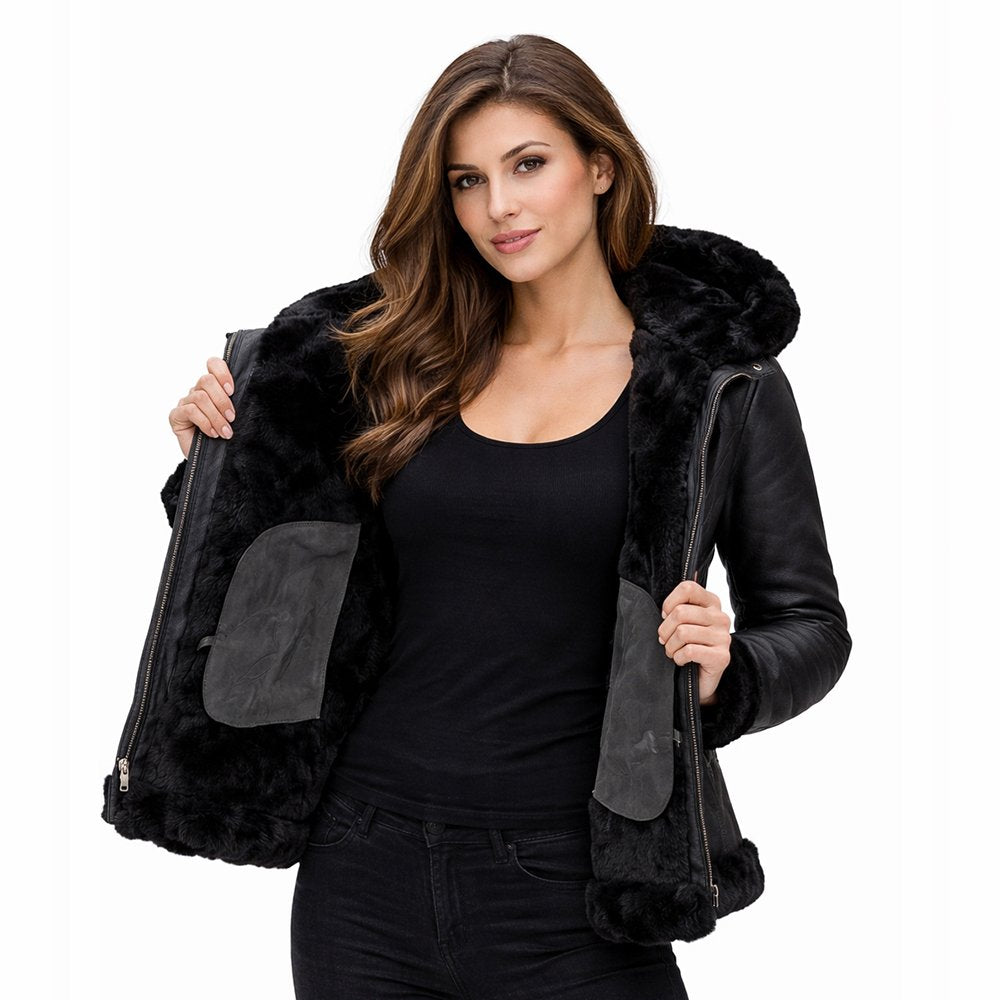 Shearling Jacket Womens Hooded Bomber Leather Zip Front Winter - image 4