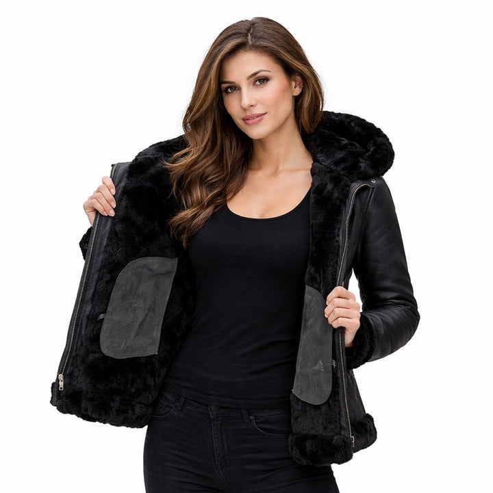 Shearling Jacket Womens Hooded Bomber Leather Zip Front Winter - image 4