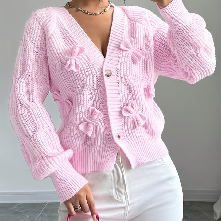 Cropped Cardigan Womens Bow Applique V Neck Button Front Pearl Look Buttons - image 1