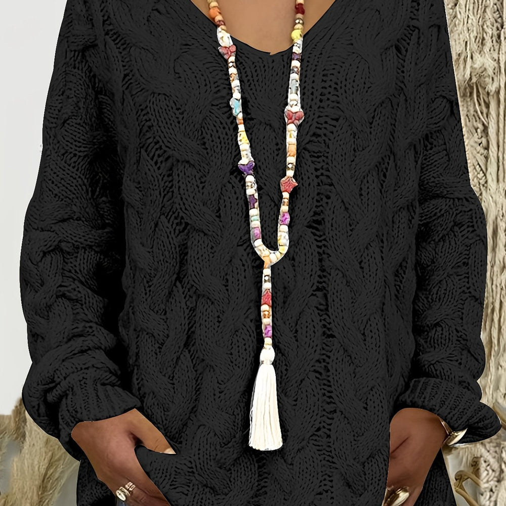 Cable Knit Jumper Womens V Neck Balloon Sleeve Chunky Dropped Shoulder Longline - image 2