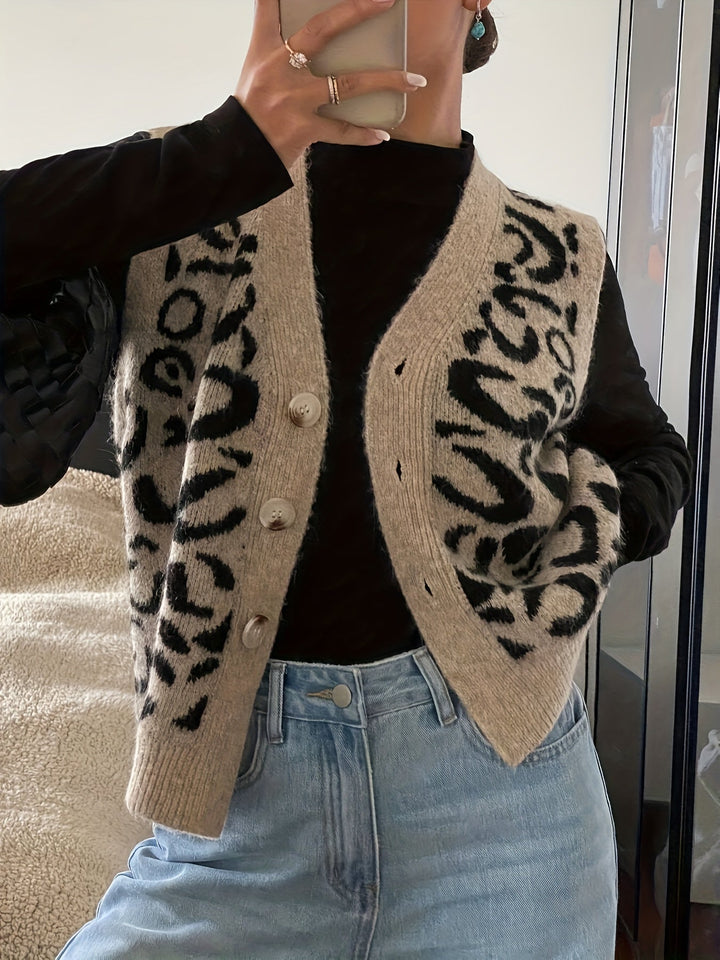 Knit Waistcoat Womens Animal Motif Button Front V Neck Sleeveless Hip Length - image 3