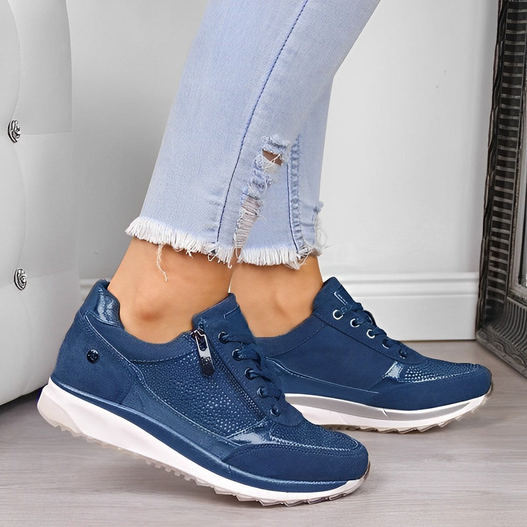 Zip Trainers Womens Wedge Sole Lace Up Sparkle Panel Suede-Look Cushioned - image 10