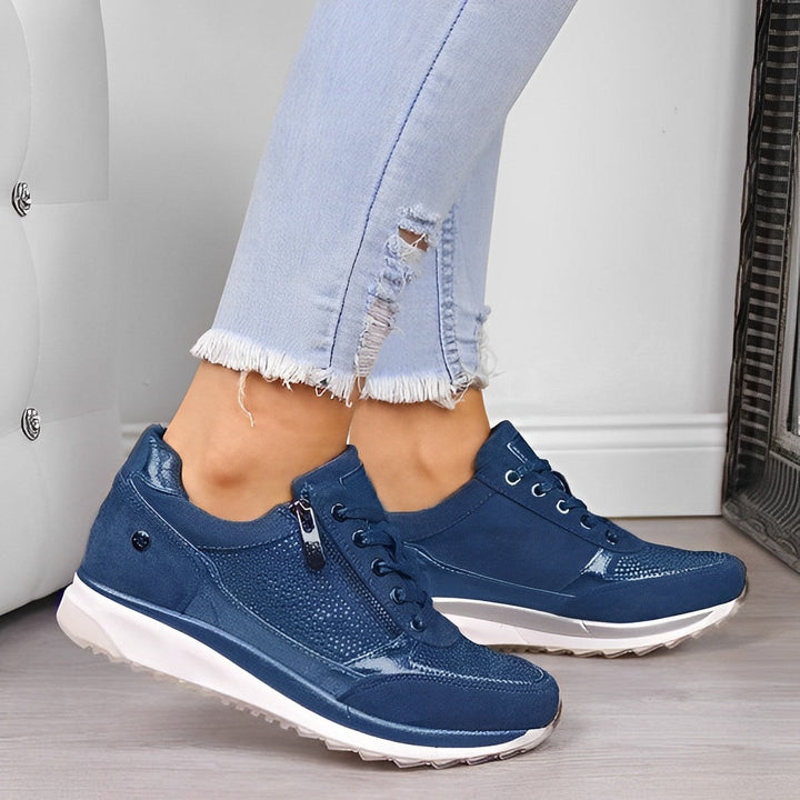 Zip Trainers Womens Wedge Sole Lace Up Sparkle Panel Suede-Look Cushioned - image 10
