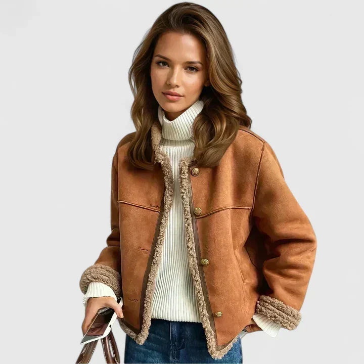 Suede Jacket Womens Faux Shearling Trim Button Front Cropped - image 1