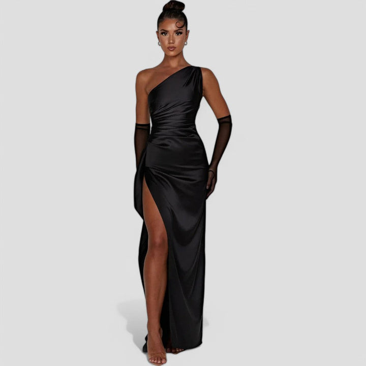 Satin Maxi Dress Womens One Shoulder Pleated High Split Evening - image 1