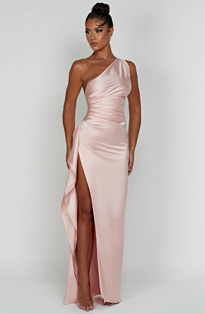 Satin Maxi Dress Womens One Shoulder Pleated High Split Evening - image 13