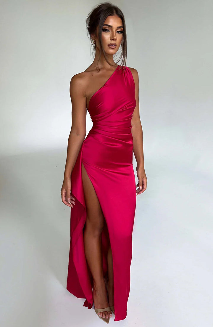 Satin Maxi Dress Womens One Shoulder Pleated High Split Evening - image 38