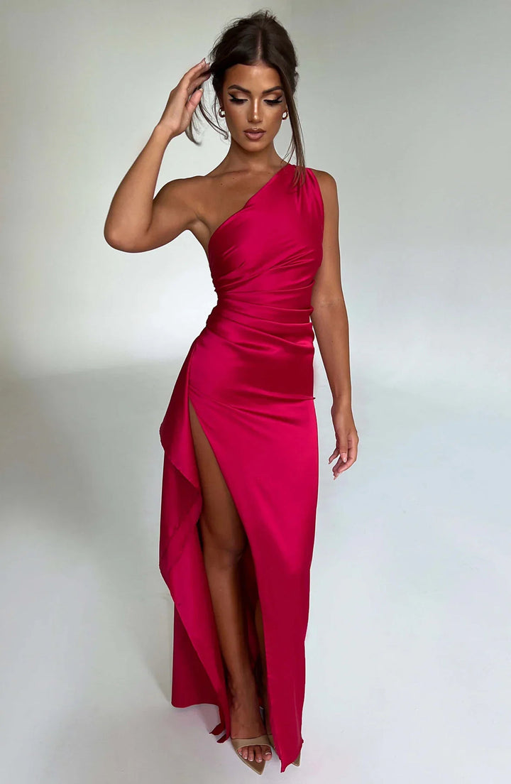 Satin Maxi Dress Womens One Shoulder Pleated High Split Evening - image 39