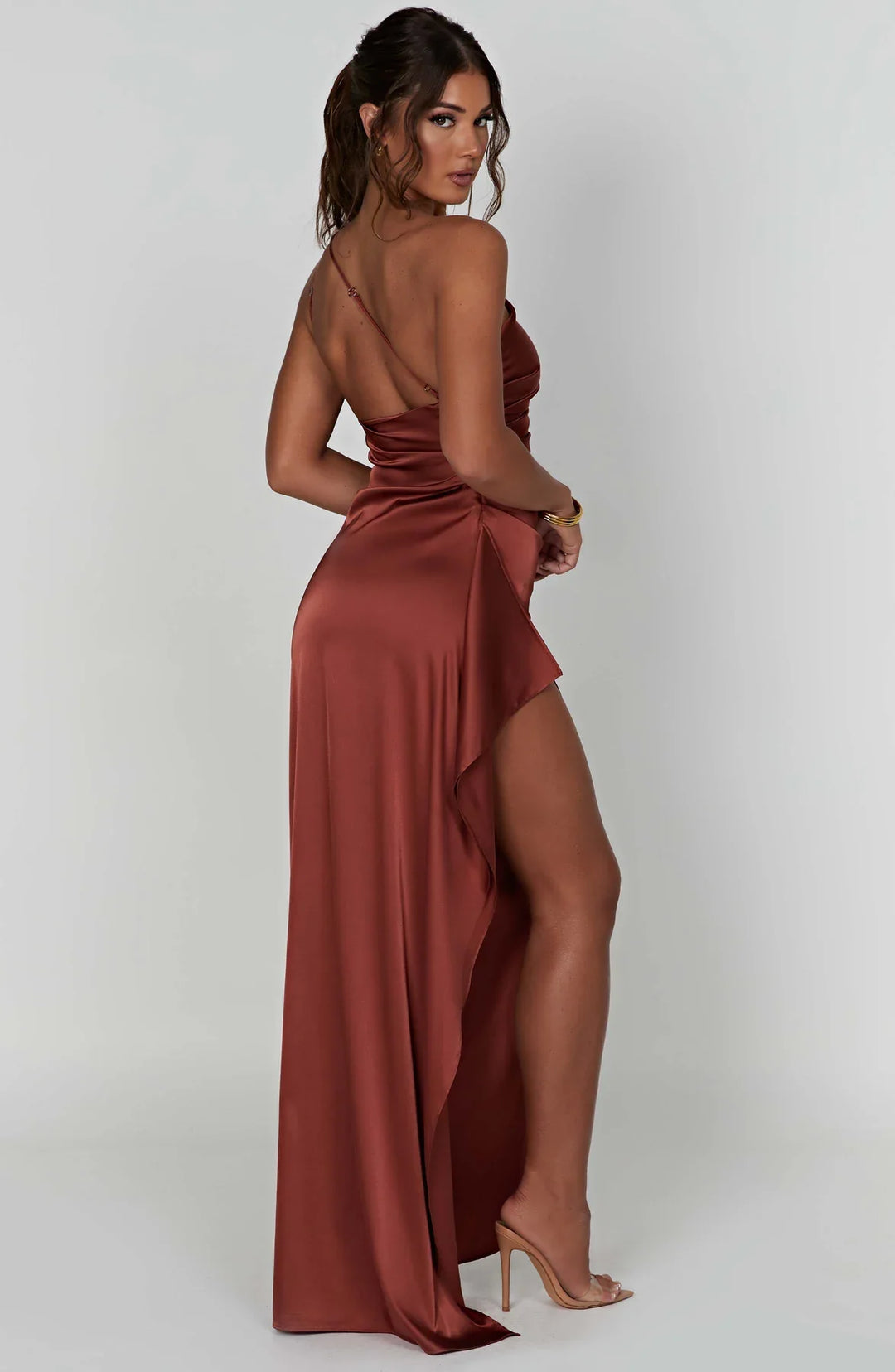 Satin Maxi Dress Womens One Shoulder Pleated High Split Evening - image 32
