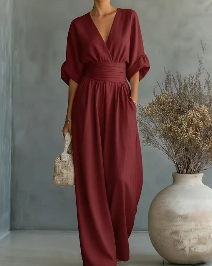 Jumpsuit Womens Wide Leg V Neck High Waist Linen Look Half Sleeve Pockets - image 4