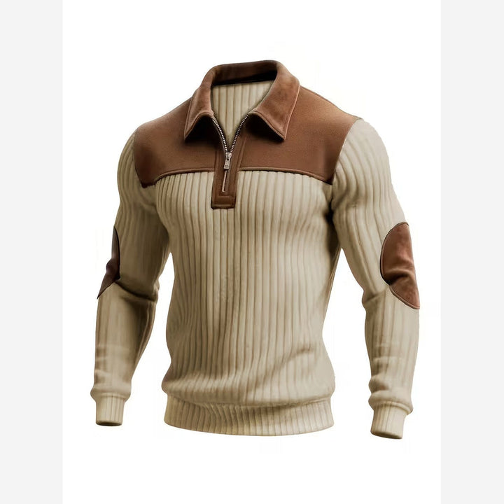 Quarter Zip Jumper Mens Ribbed Knit Contrast Collar Yoke Elbow Patches - image 7