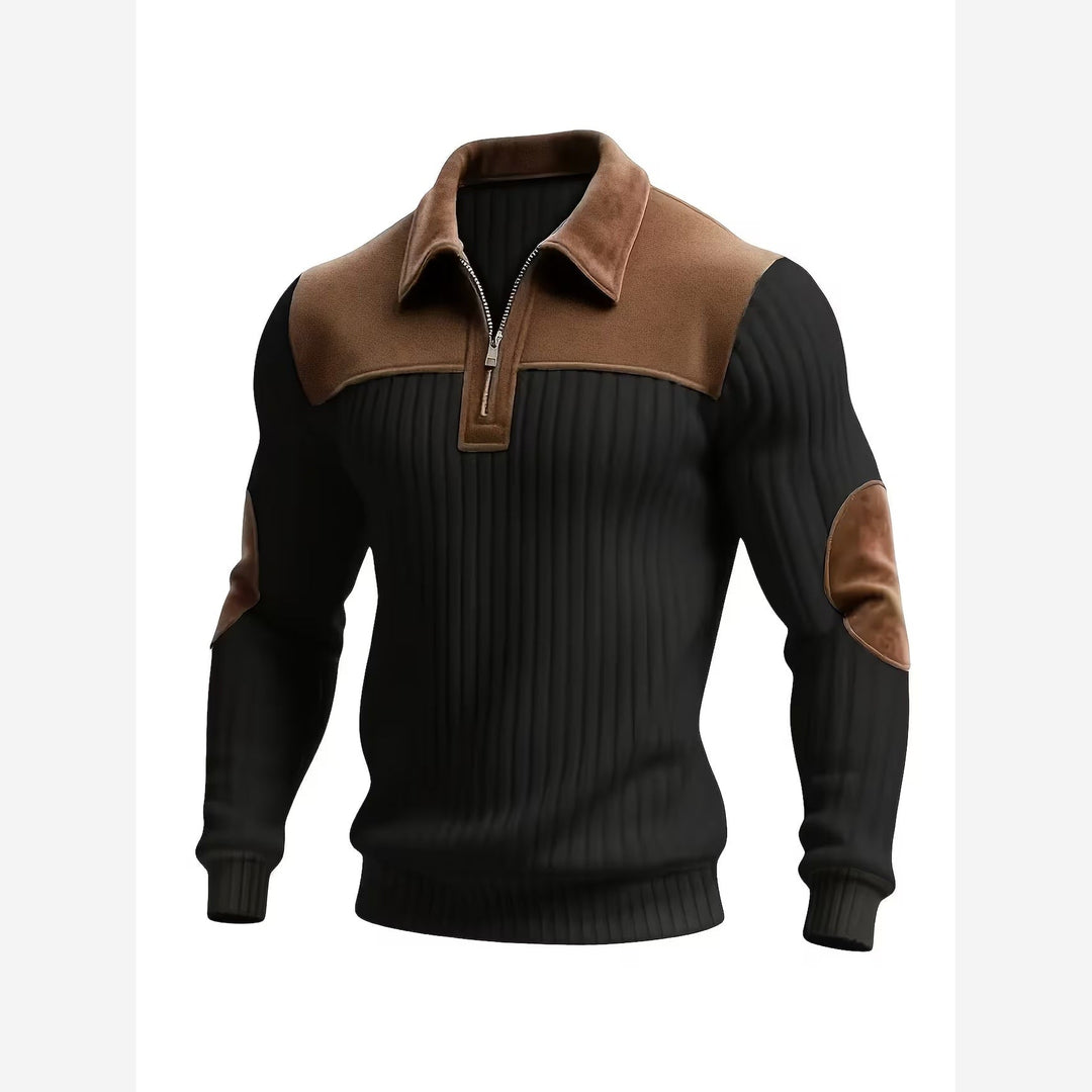 Quarter Zip Jumper Mens Ribbed Knit Contrast Collar Yoke Elbow Patches - image 9