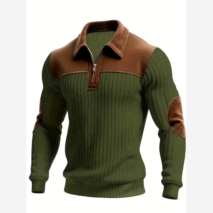 Quarter Zip Jumper Mens Ribbed Knit Contrast Collar Yoke Elbow Patches - image 8