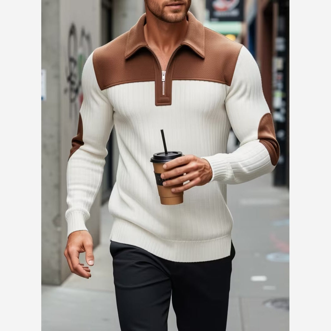 Quarter Zip Jumper Mens Ribbed Knit Contrast Collar Yoke Elbow Patches - image 2
