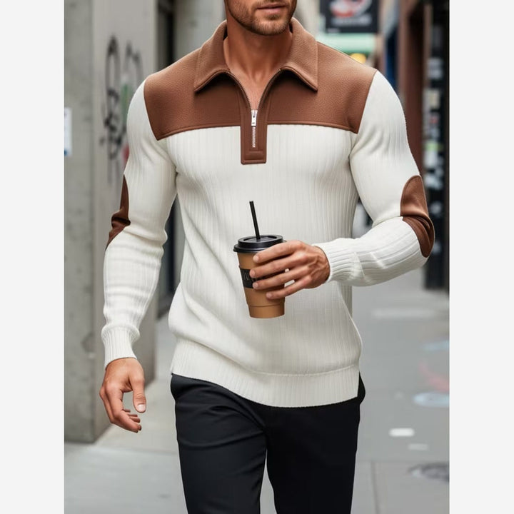 Quarter Zip Jumper Mens Ribbed Knit Contrast Collar Yoke Elbow Patches - image 2