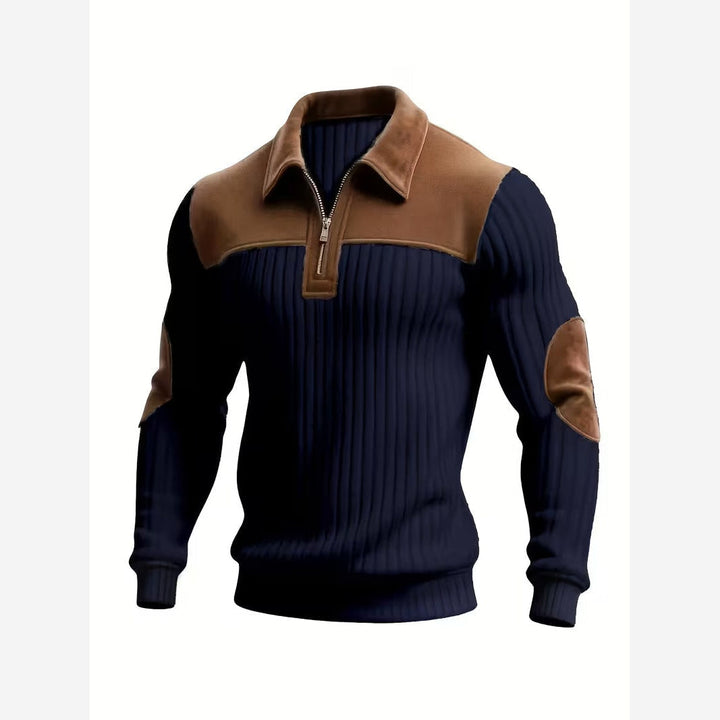 Quarter Zip Jumper Mens Ribbed Knit Contrast Collar Yoke Elbow Patches - image 10