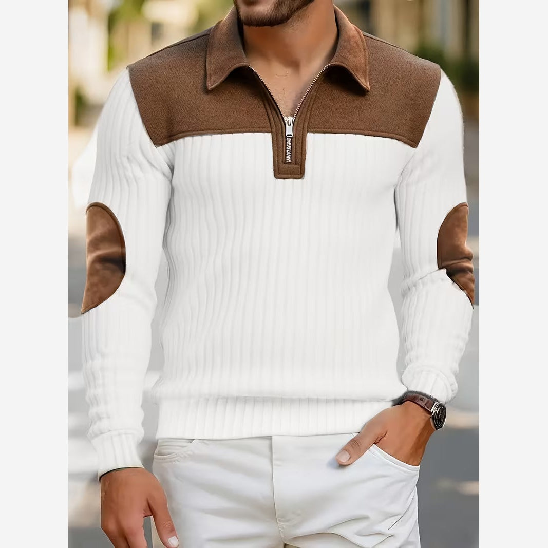 Quarter Zip Jumper Mens Ribbed Knit Contrast Collar Yoke Elbow Patches - image 3