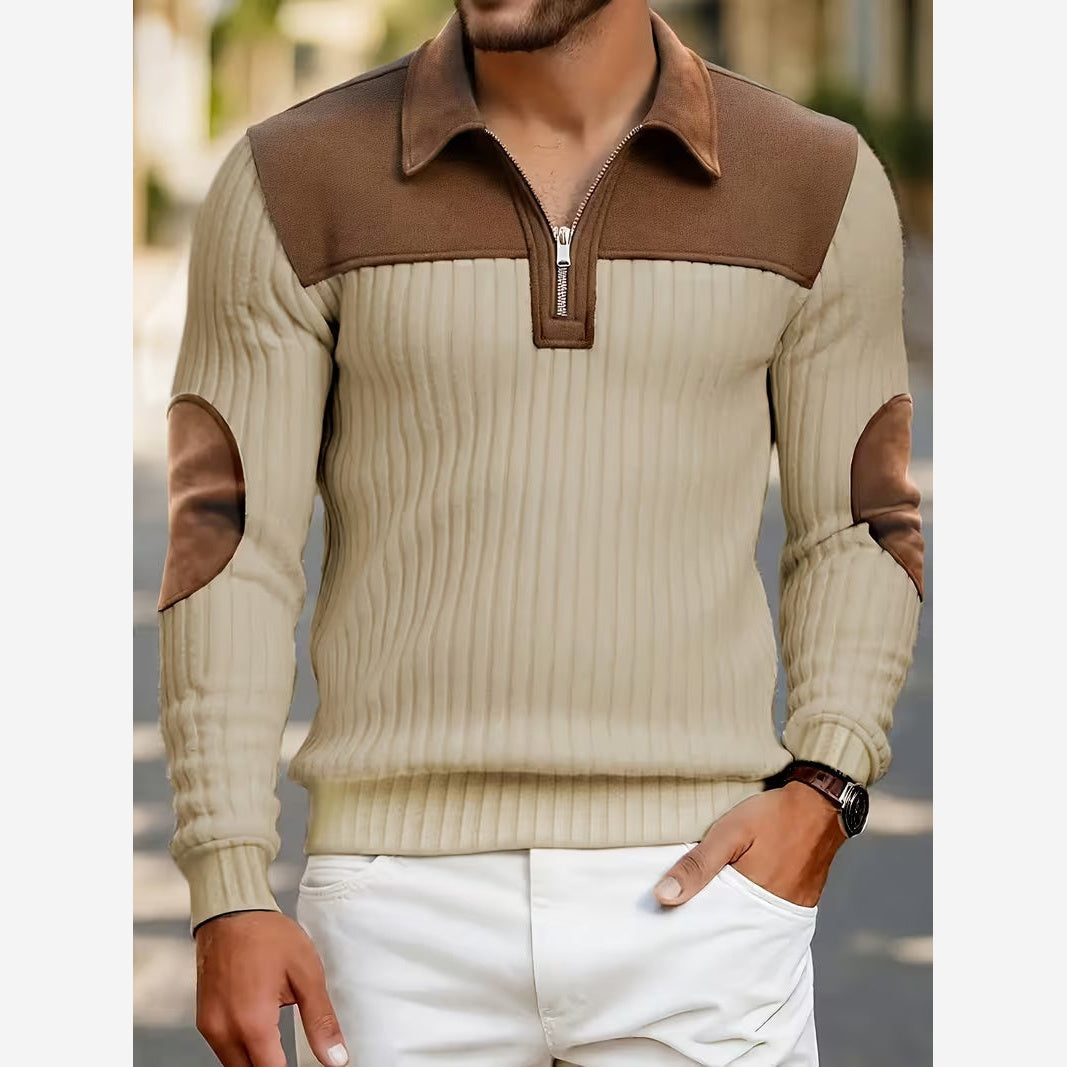 Quarter Zip Jumper Mens Ribbed Knit Contrast Collar Yoke Elbow Patches - image 4