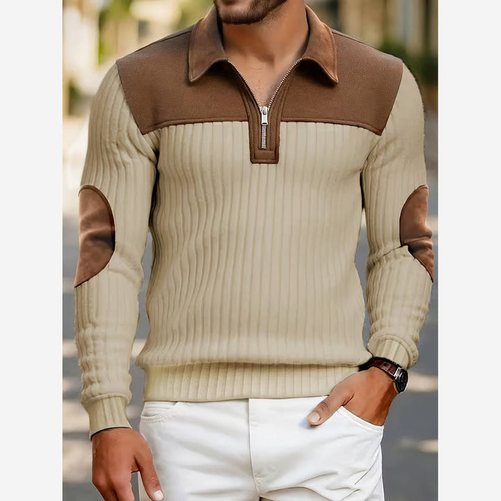 Quarter Zip Jumper Mens Ribbed Knit Contrast Collar Yoke Elbow Patches - image 4