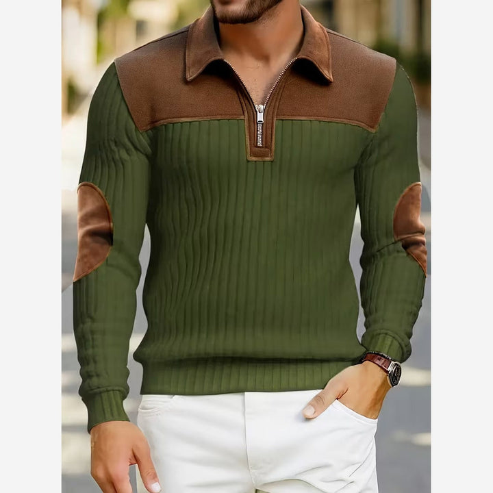 Quarter Zip Jumper Mens Ribbed Knit Contrast Collar Yoke Elbow Patches - image 5