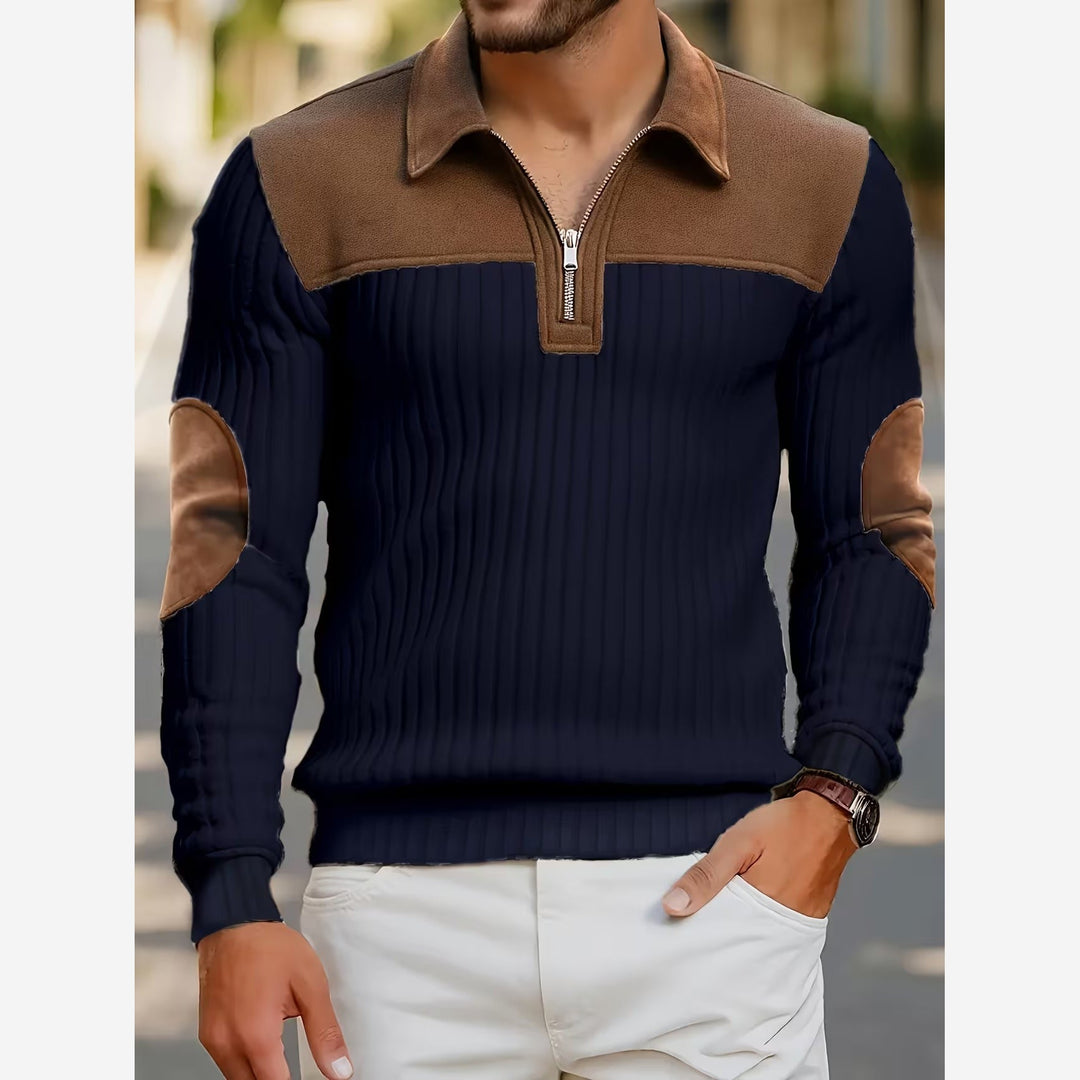 Quarter Zip Jumper Mens Ribbed Knit Contrast Collar Yoke Elbow Patches - image 1