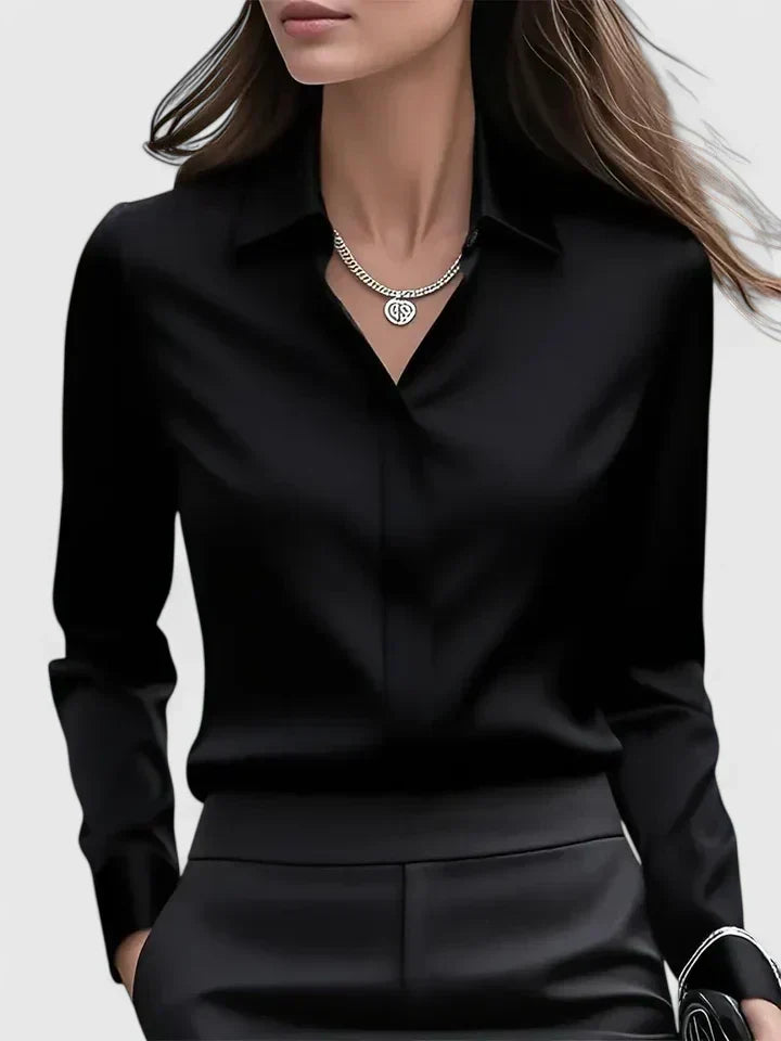 Satin Shirt Womens Long Sleeve Concealed Button Placket Collared Curved Hem Relaxed Fit - image 1