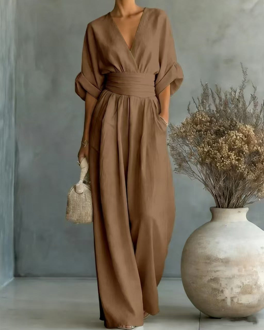 Jumpsuit Womens Wide Leg V Neck High Waist Linen Look Half Sleeve Pockets - image 3
