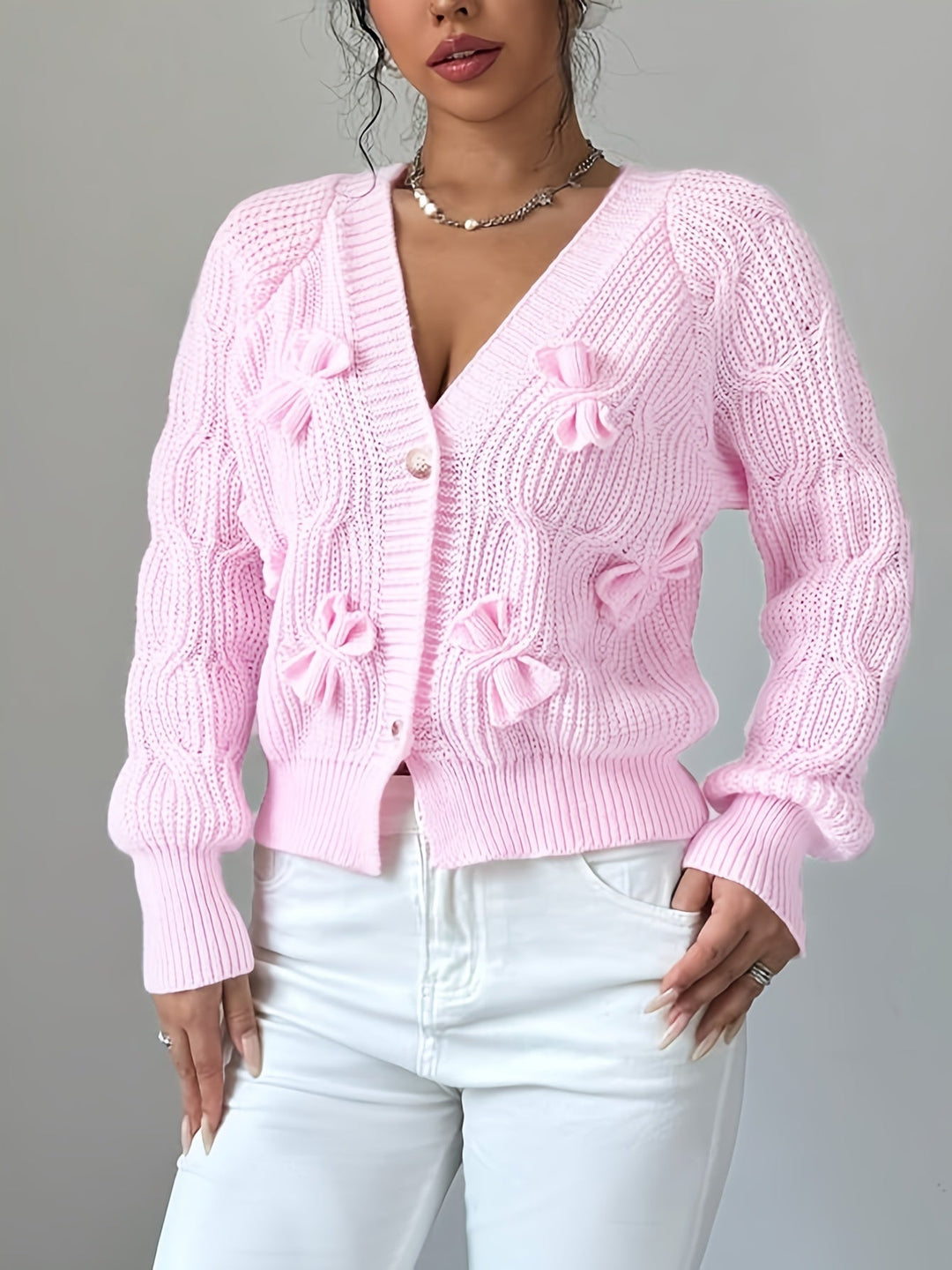 Cropped Cardigan Womens Bow Applique V Neck Button Front Pearl Look Buttons - image 8