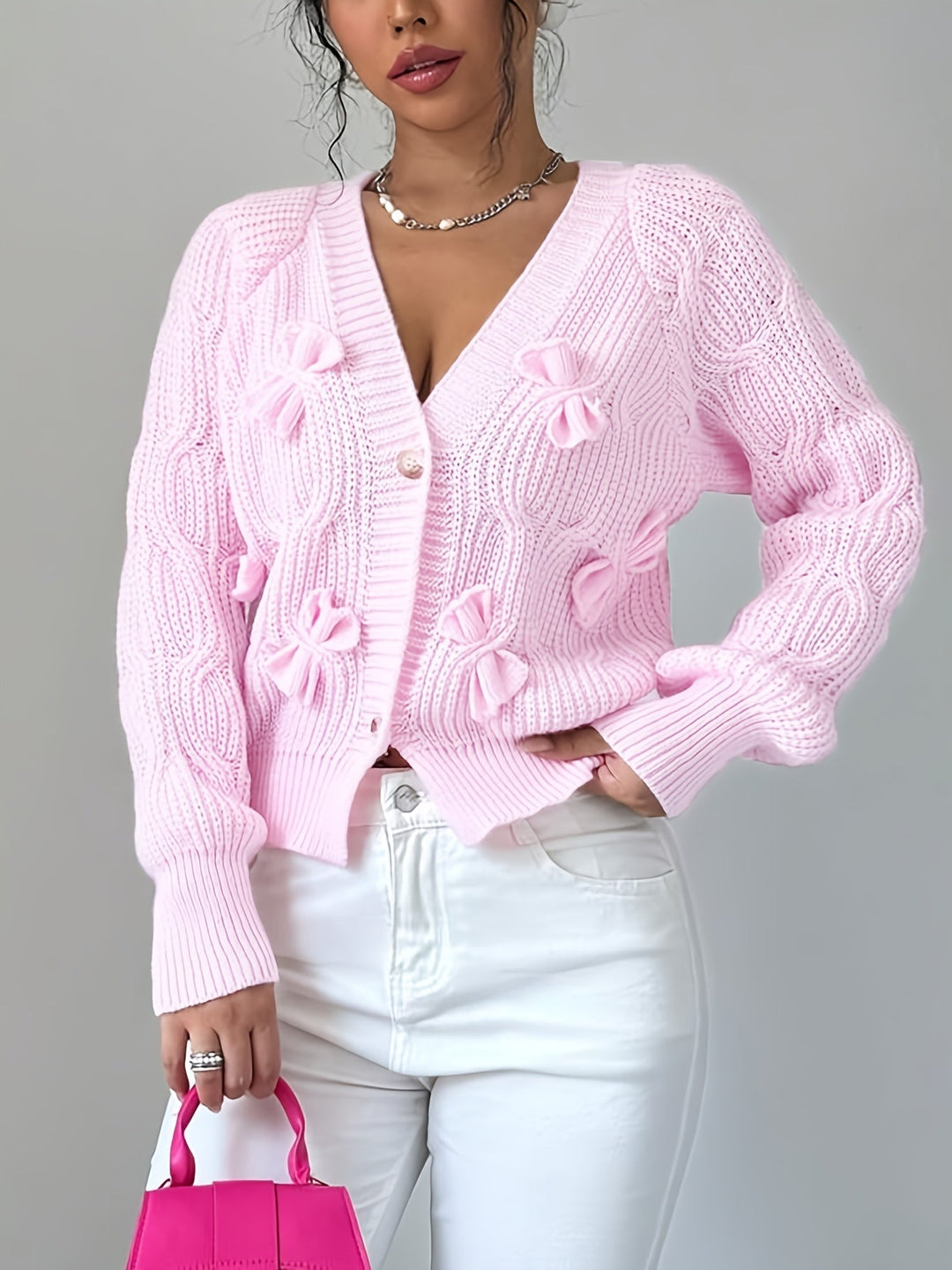 Cropped Cardigan Womens Bow Applique V Neck Button Front Pearl Look Buttons - image 6