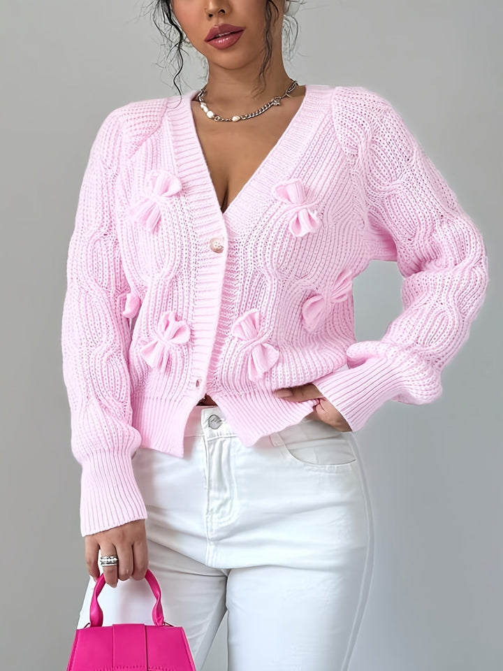Cropped Cardigan Womens Bow Applique V Neck Button Front Pearl Look Buttons - image 6