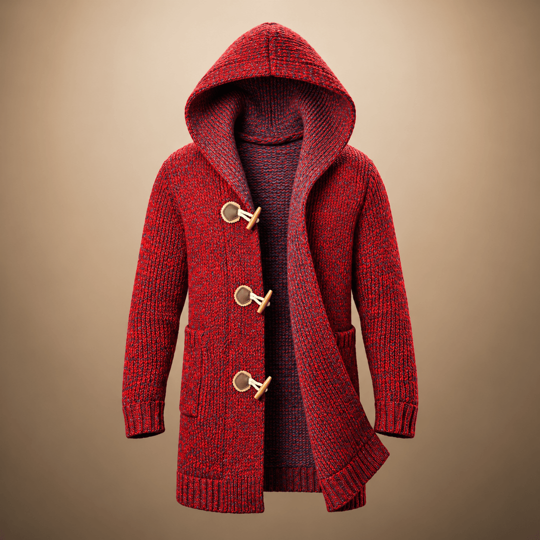 Hooded Cardigan Mens Longline Chunky Knit Toggle Fastening Patch Pockets Ribbed Cuffs - image 1