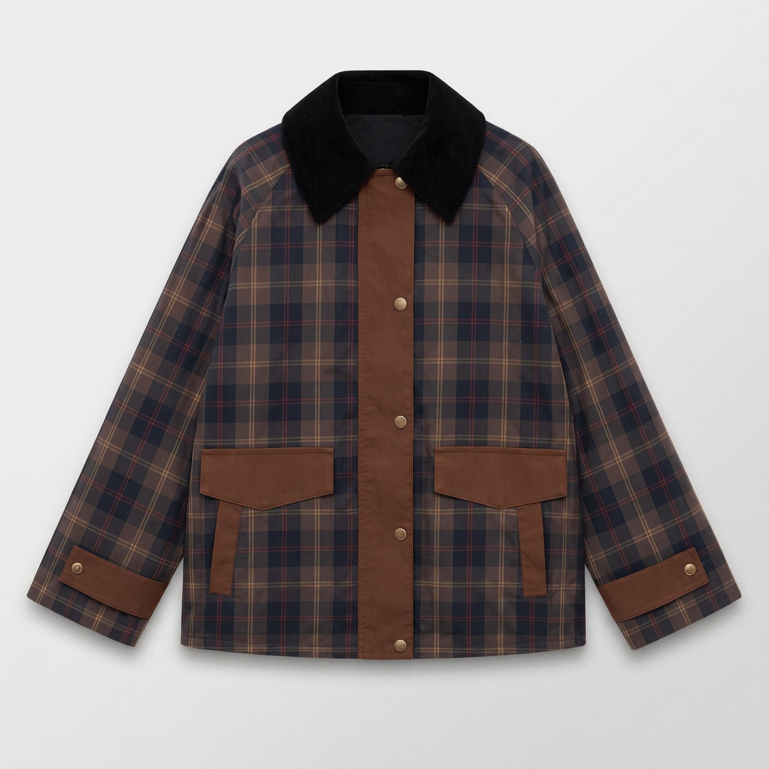 Checked Jacket Womens Contrast Collar Button Front Boxy Fit Flap Pockets - image 1