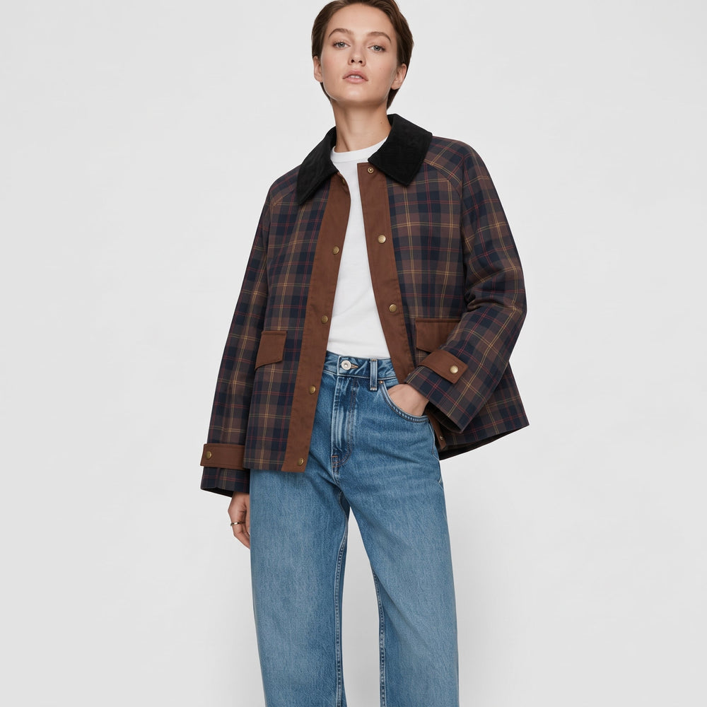 Checked Jacket Womens Contrast Collar Button Front Boxy Fit Flap Pockets - image 2