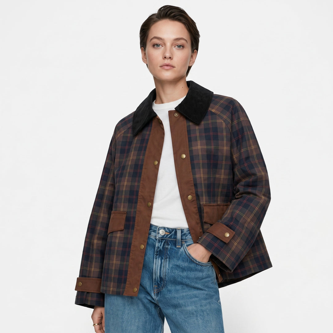 Checked Jacket Womens Contrast Collar Button Front Boxy Fit Flap Pockets - image 3