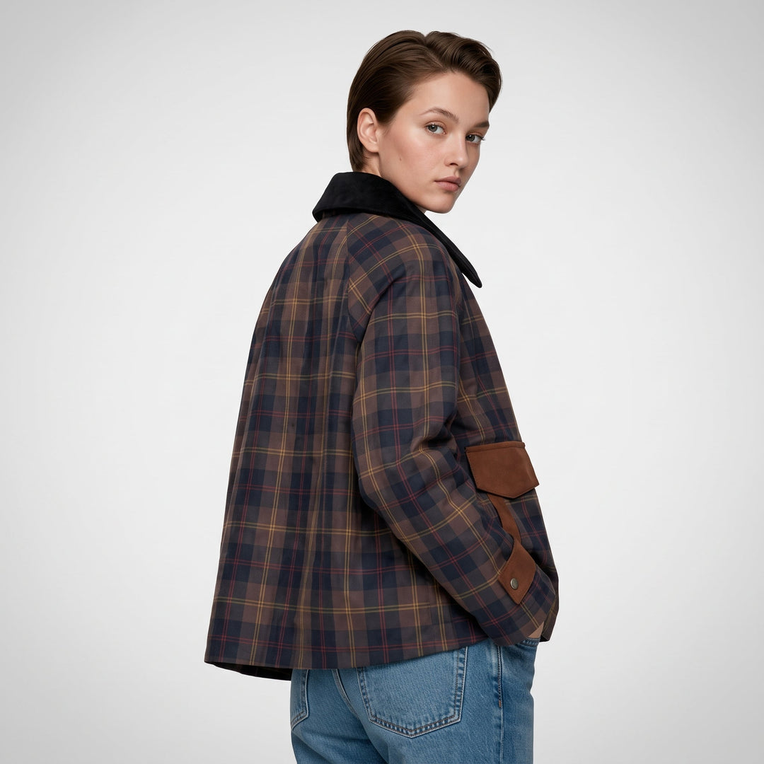 Checked Jacket Womens Contrast Collar Button Front Boxy Fit Flap Pockets - image 4