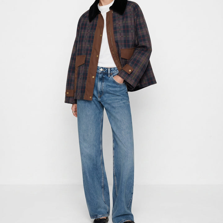 Checked Jacket Womens Contrast Collar Button Front Boxy Fit Flap Pockets - image 6